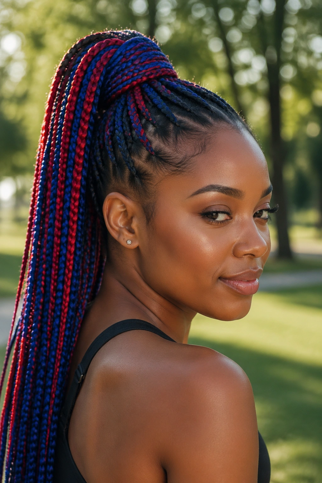 Real woman with high ponytail of blue and red braided hair.