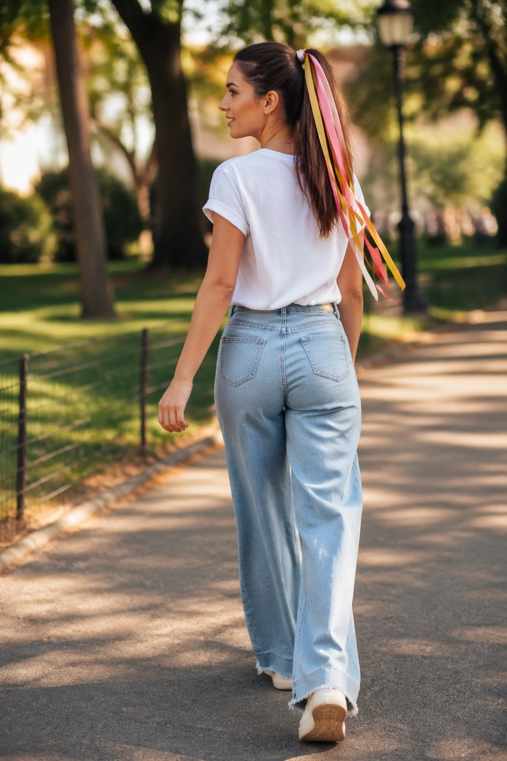 Ponytail with candy-stripe ribbons woven through in motion, sunny park setting.