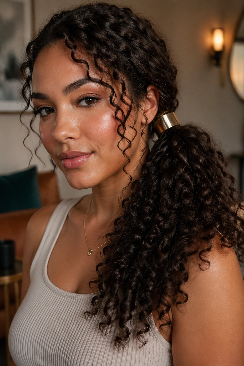Real woman with pony cuff side ponytail, curly hair, chic setting