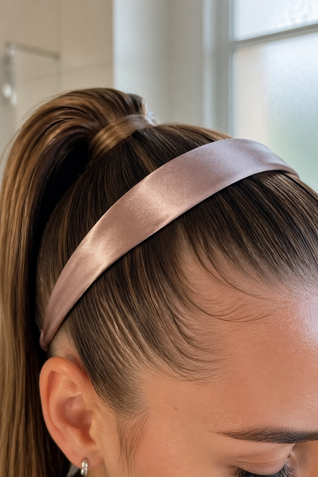 Close-up of sleek satin high ponytail with headband