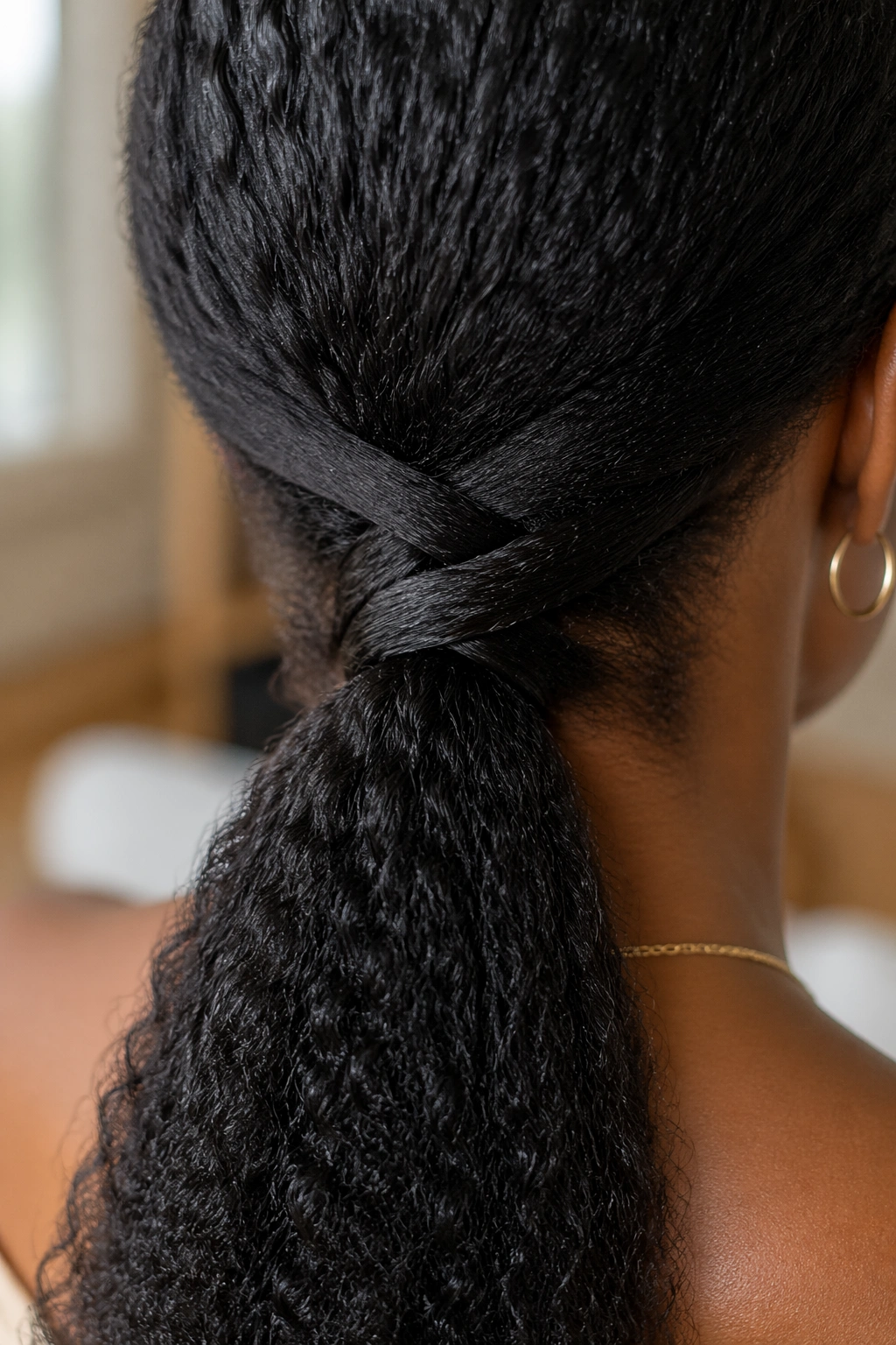Close-up of criss-cross base low ponytail at the nape on Afro hair.