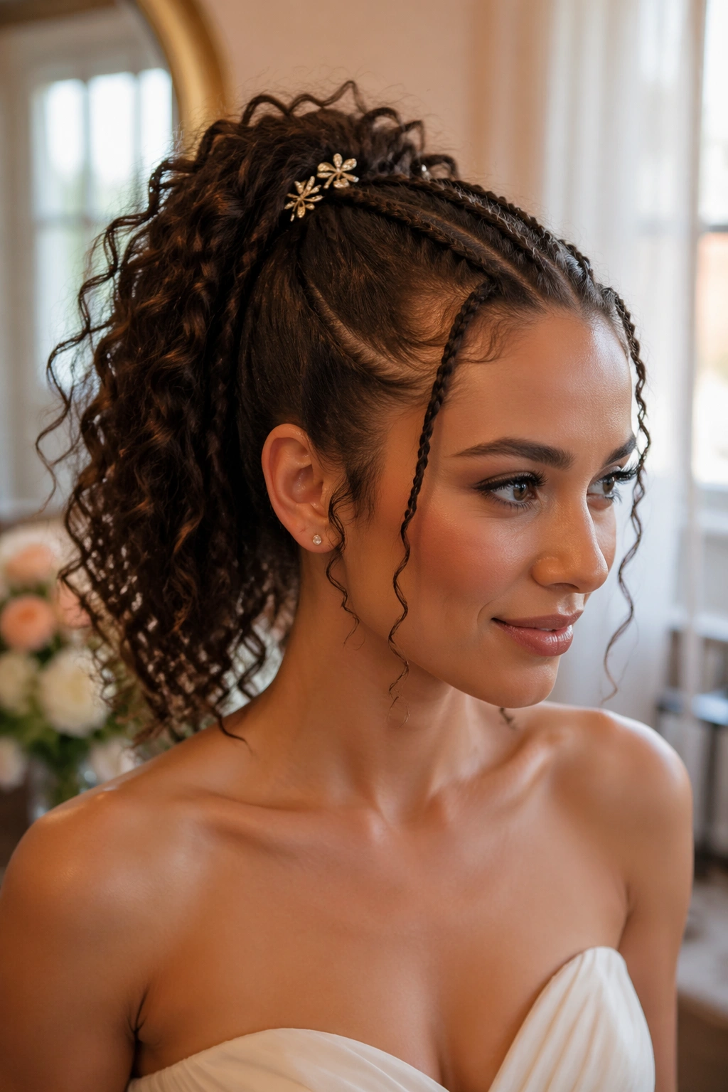 Close-up of real woman with curly ponytail showing baby braids and clips