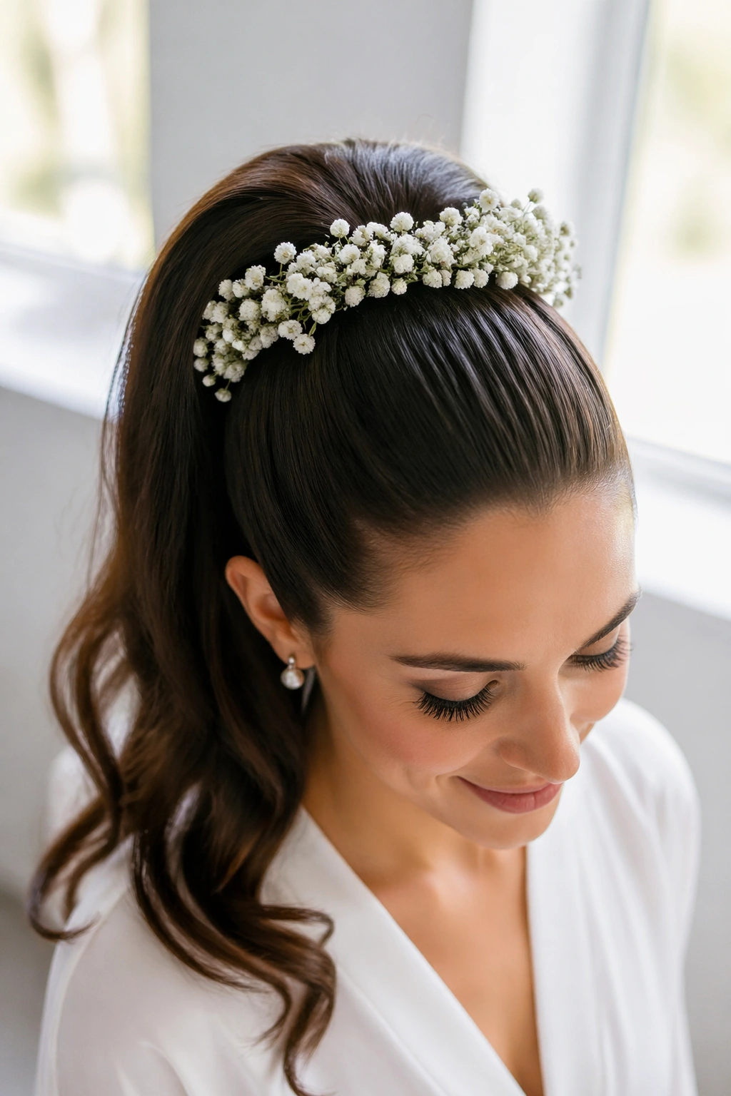 Close-up of a real person with a high ponytail and a halo of baby’s breath blossoms in a bright room.