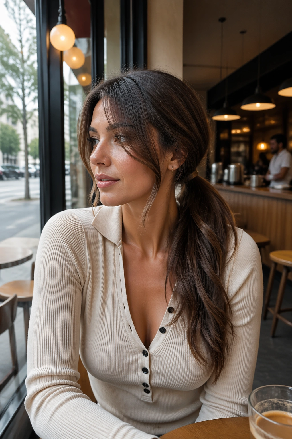 Wide cafe scene with side-swept low ponytail and curtain bangs