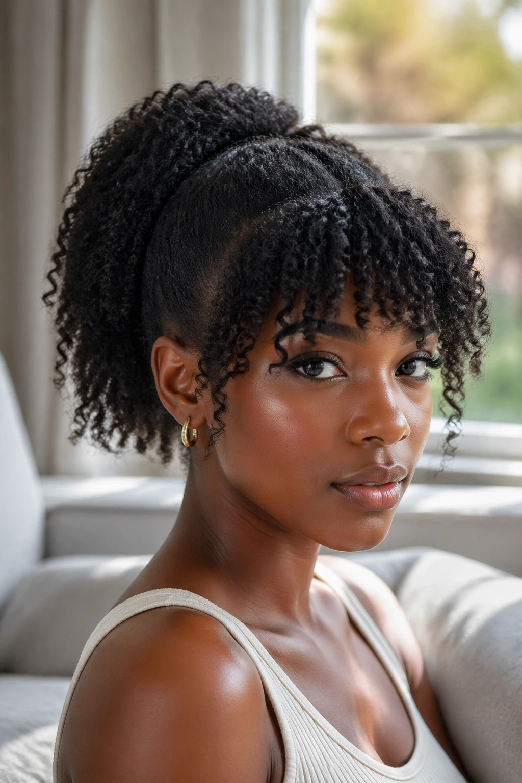Real woman with bangs and ponytail.