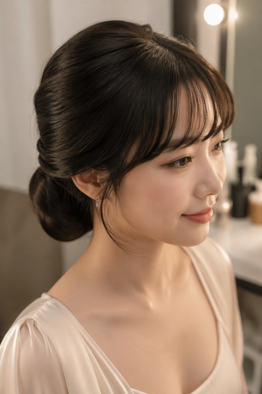Close-up of a real woman with a tucked-under ponytail and rounded bangs