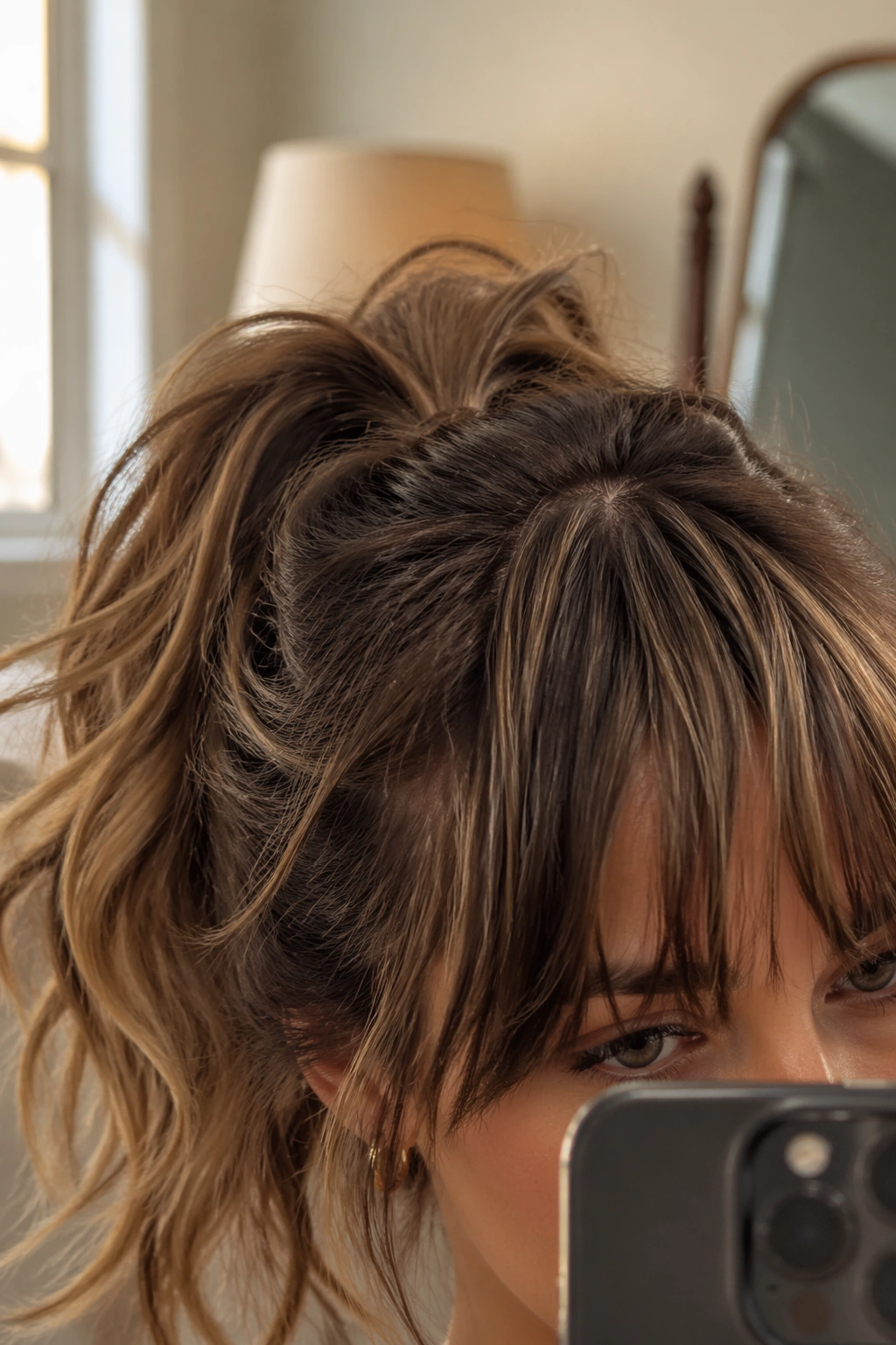 Close-up of wavy ponytail with choppy bangs in soft bedroom light.