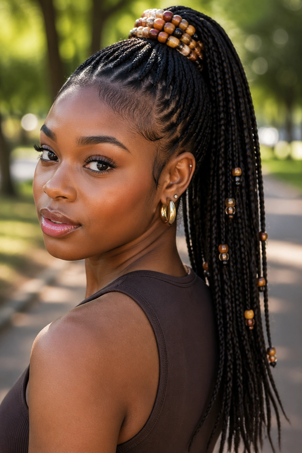 Close-up of a real person with a braided ponytail featuring beads at the base.