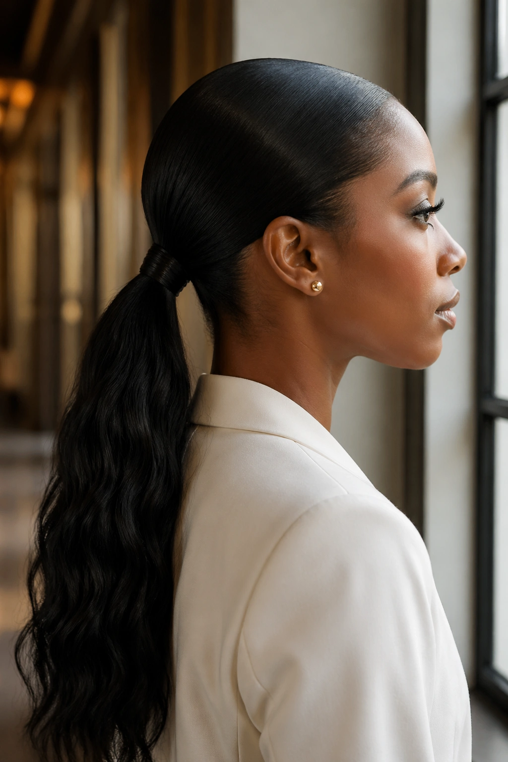 Close-up of a real person with a sleek low black ponytail showing smooth crown and wrapped strand at the base.