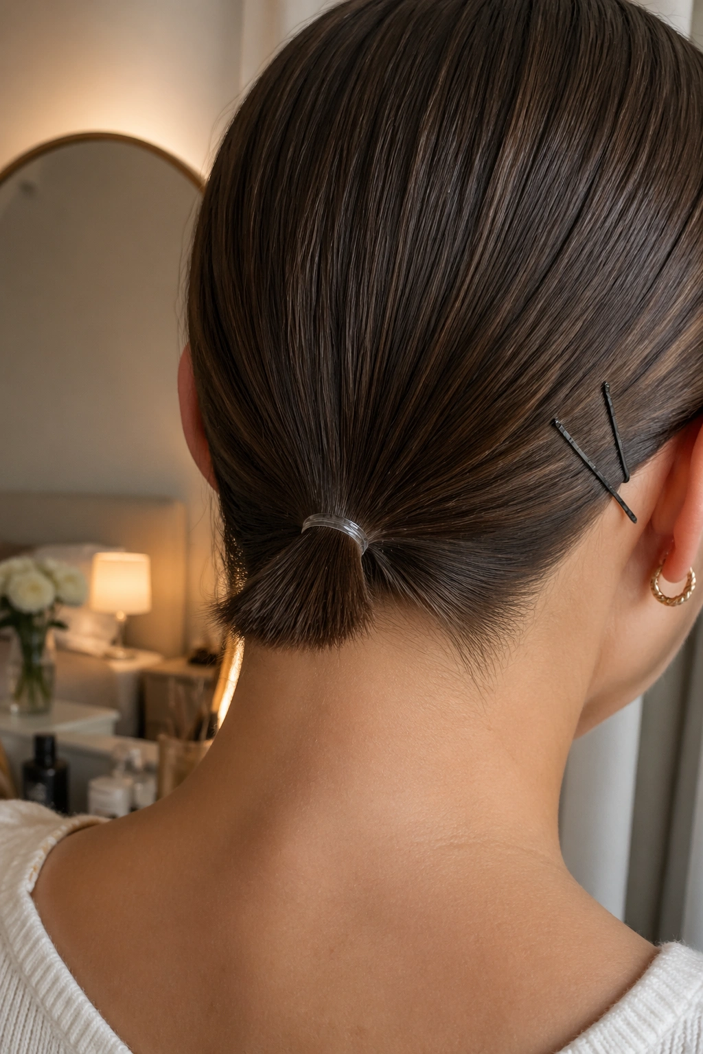 Close-up of sleek low micro ponytail at the nape