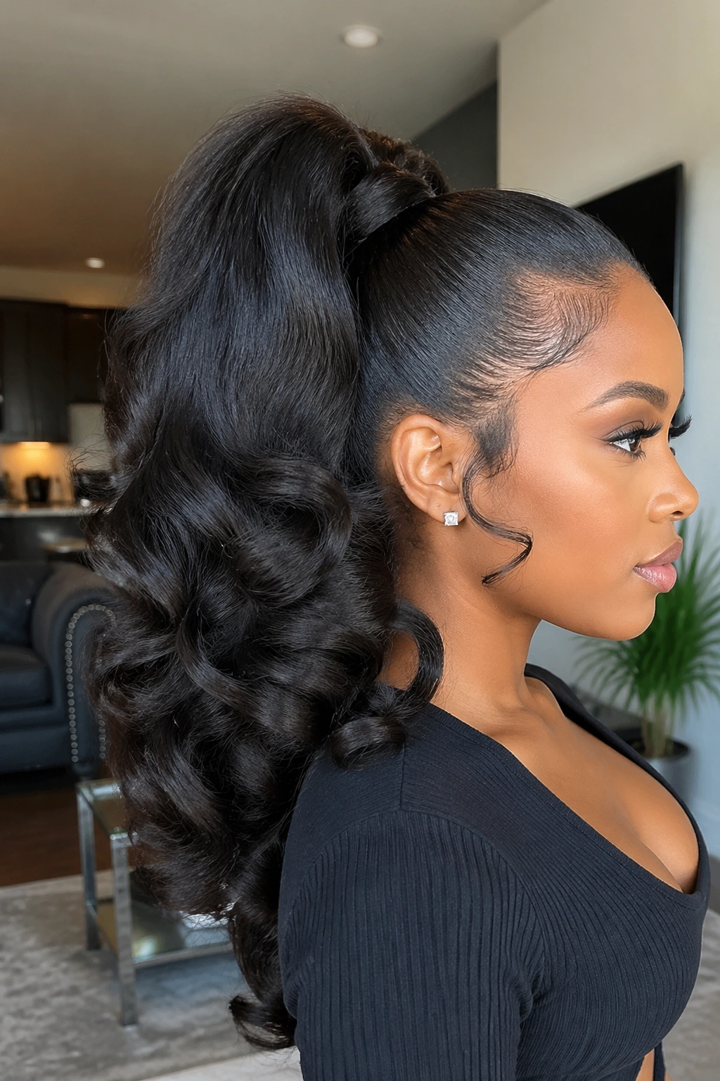 Real woman with high ponytail of body curls on silk-pressed hair