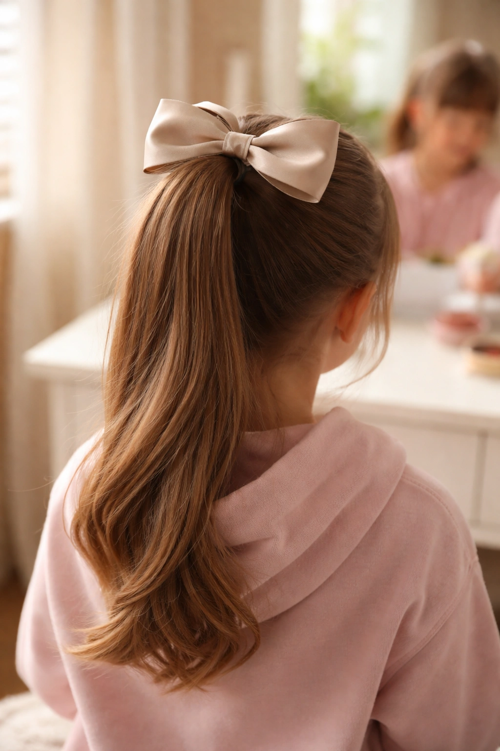 Close-up of bow-top high ponytail on a child in a softly lit bedroom.