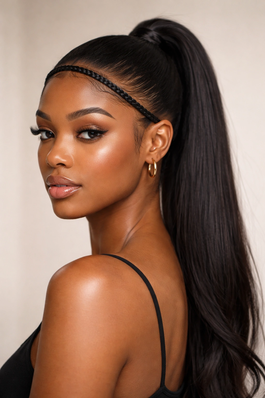 Face-framed braided bang with ponytail