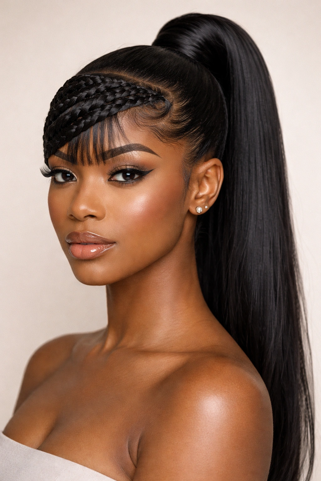 Close-up of wrapped ponytail with braided bangs showing pattern and polish
