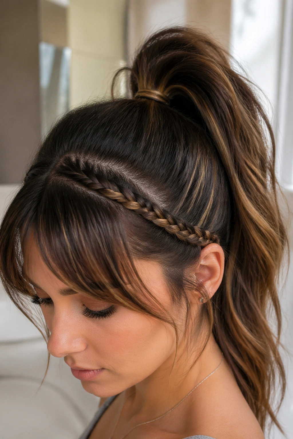 Close-up of high ponytail with braided bang accent in soft bathroom light.
