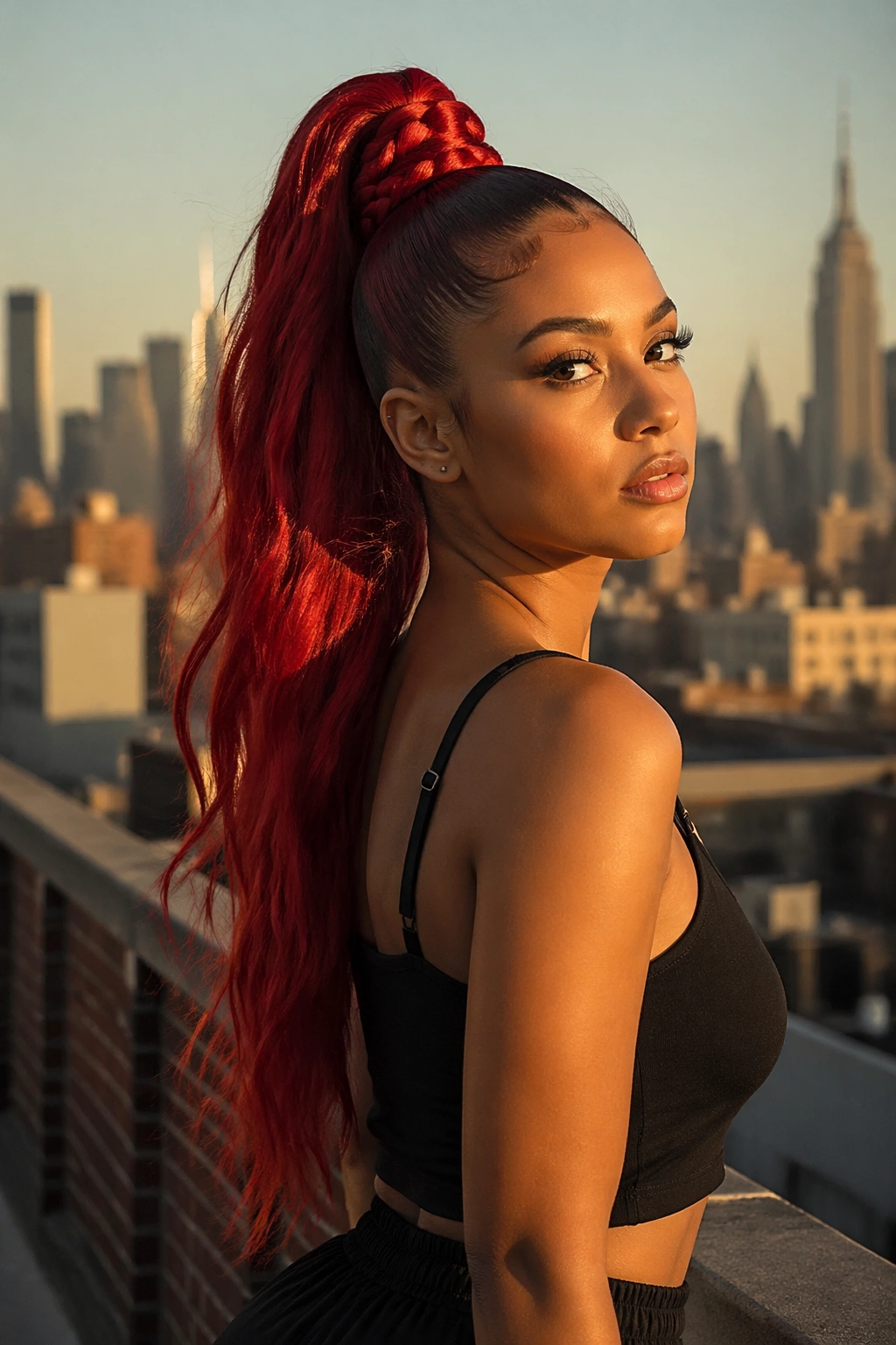 Scarlet high ponytail with braided base in a rooftop urban setting.