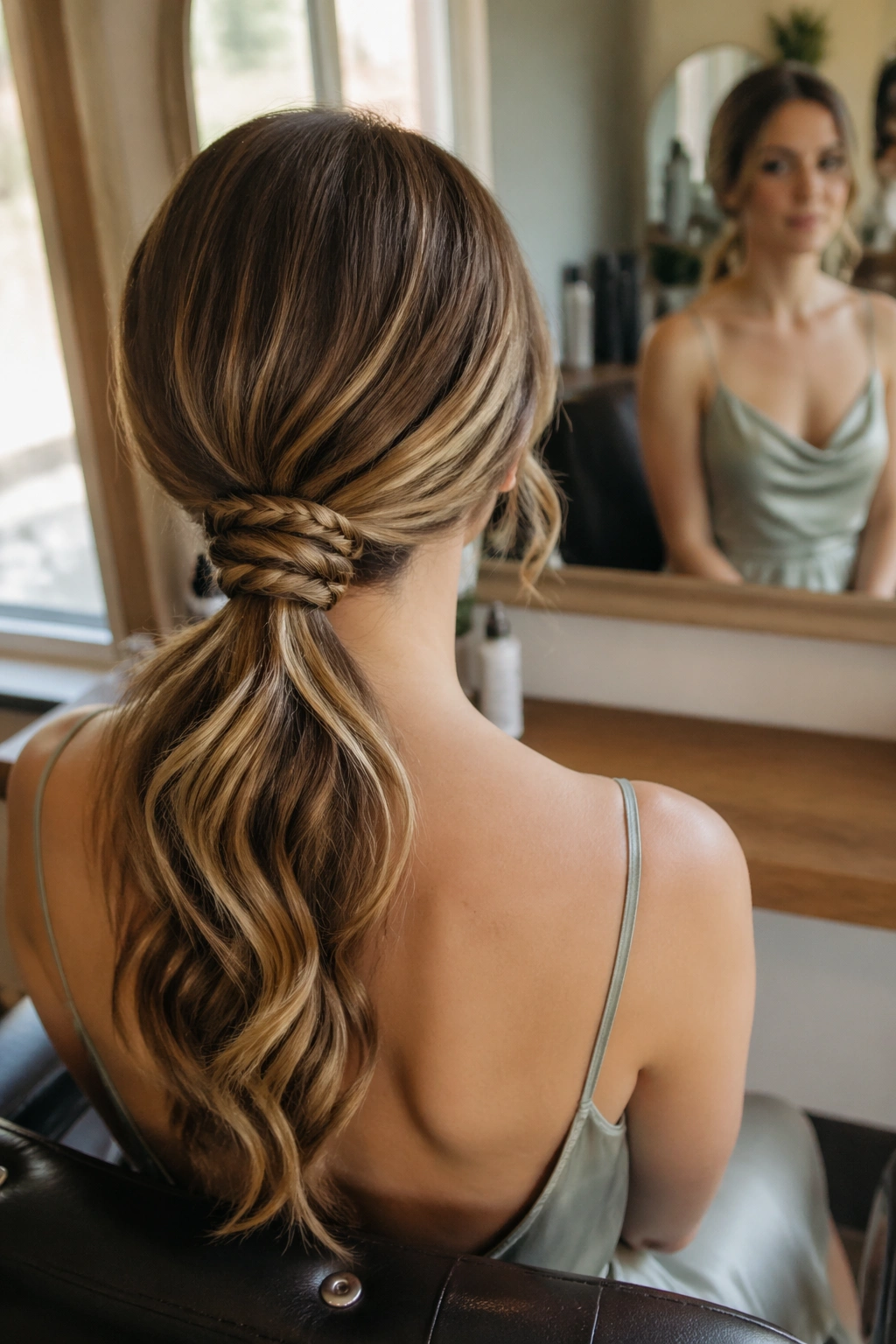 Over-the-shoulder view of braided wrap low ponytail
