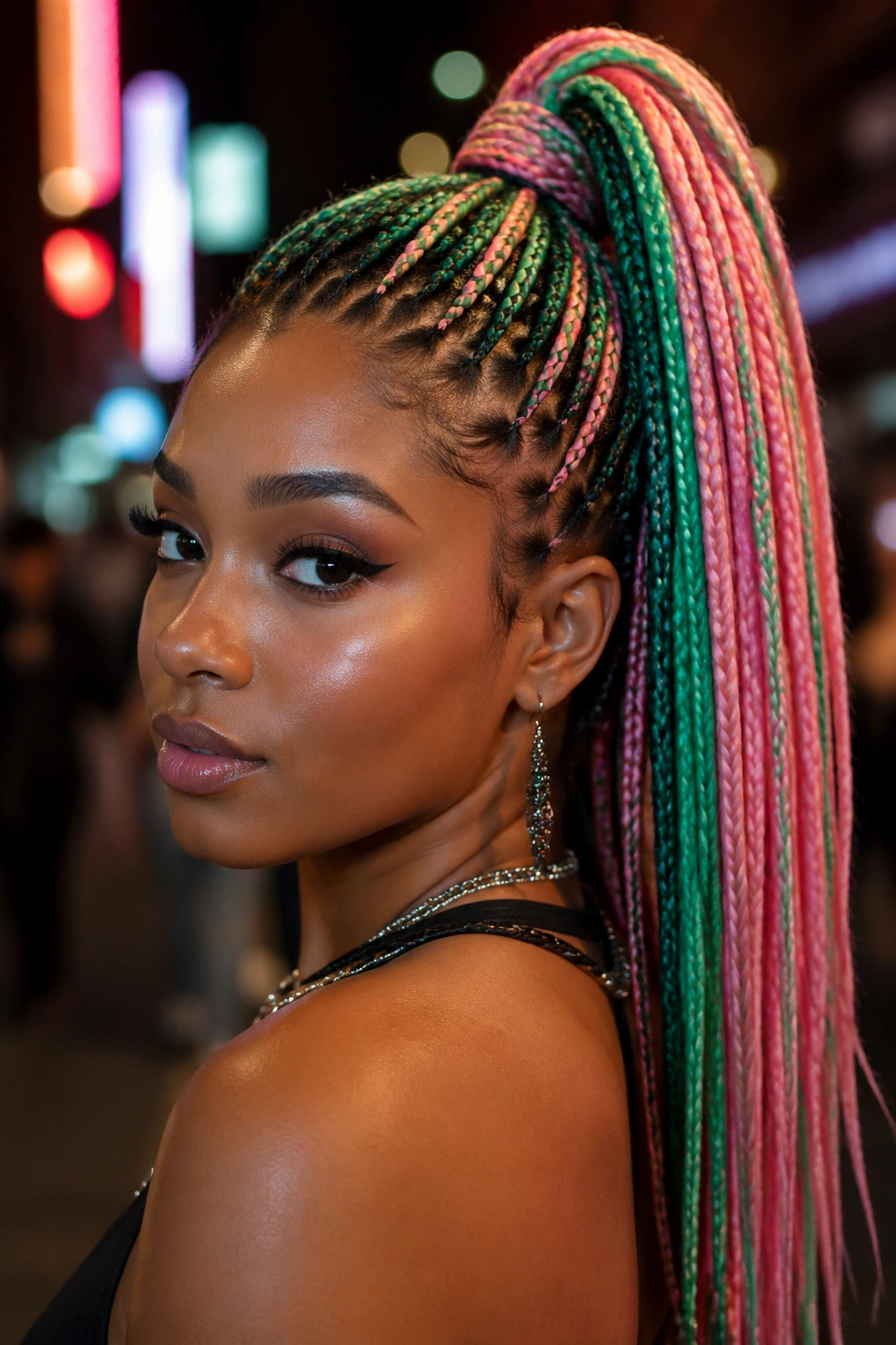 Close-up of a real woman wearing a high ponytail with green and pink box braids in an urban night setting