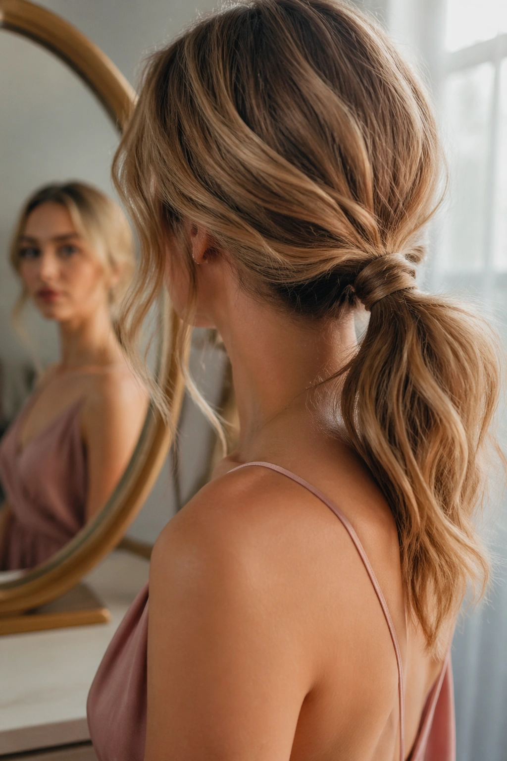 Close-up of soft low messy ponytail with face-framing pieces