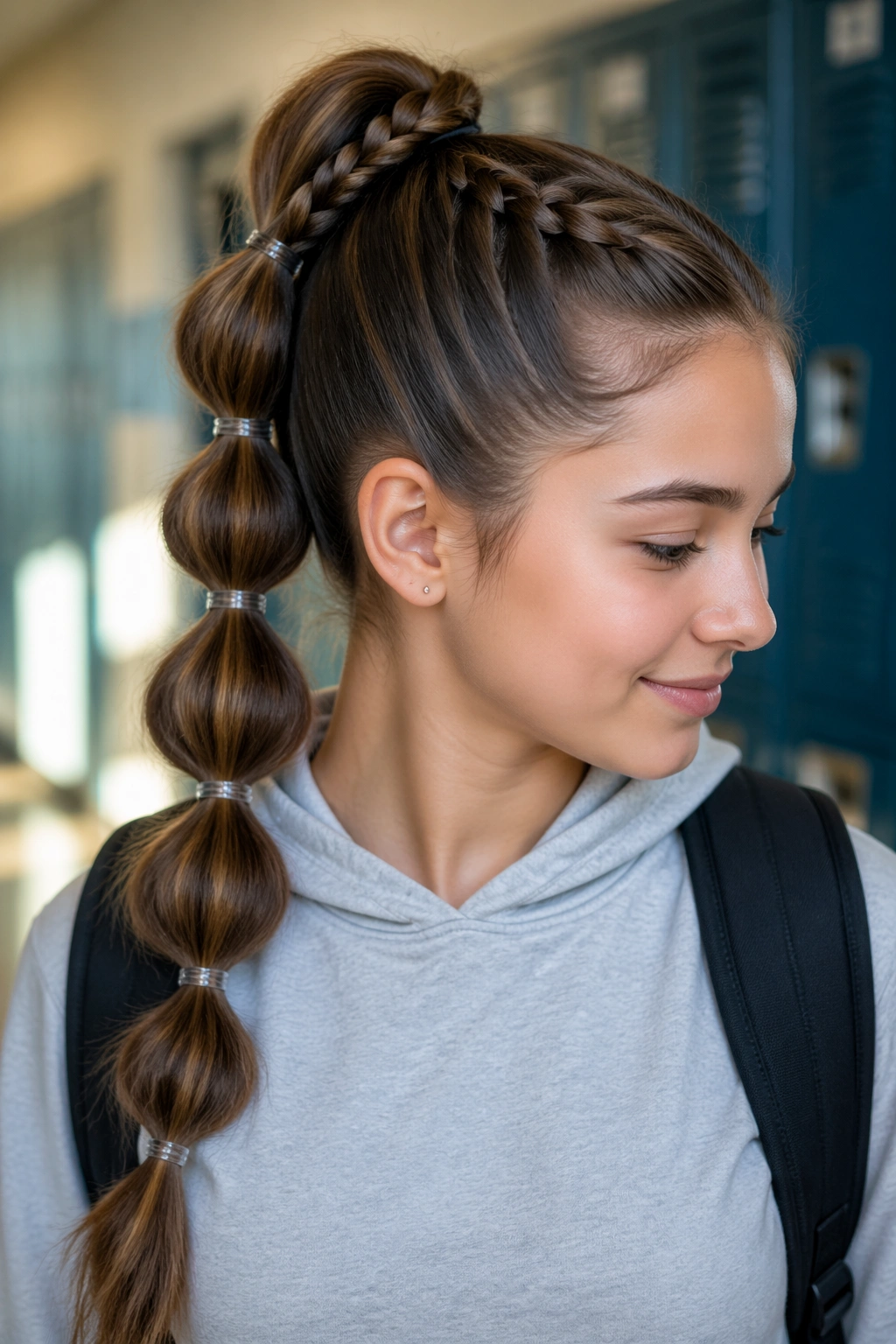 Medium close-up of a real teen with a high ponytail featuring a braid and bubble sections