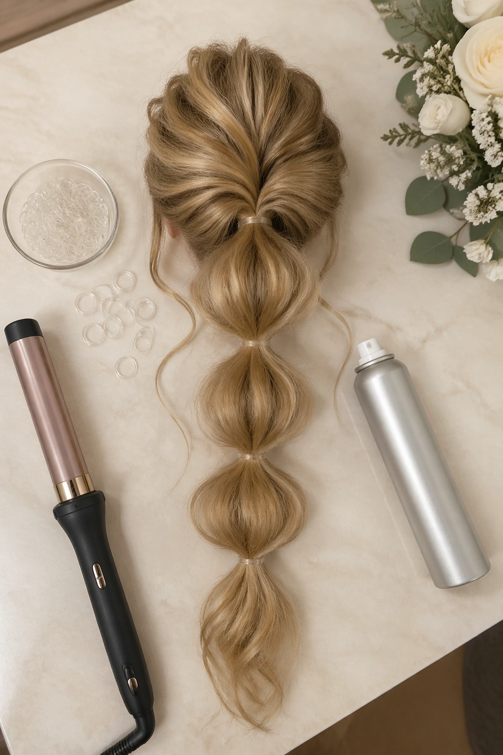 Overhead flat-lay of bubble ponytail styling tools