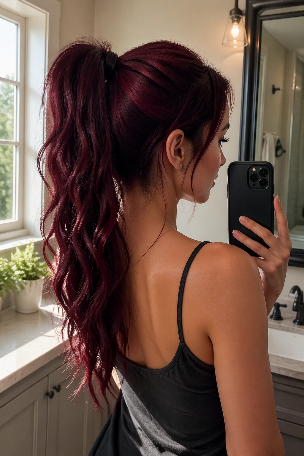 Burgundy high ponytail with soft waves captured from a mirror selfie angle.