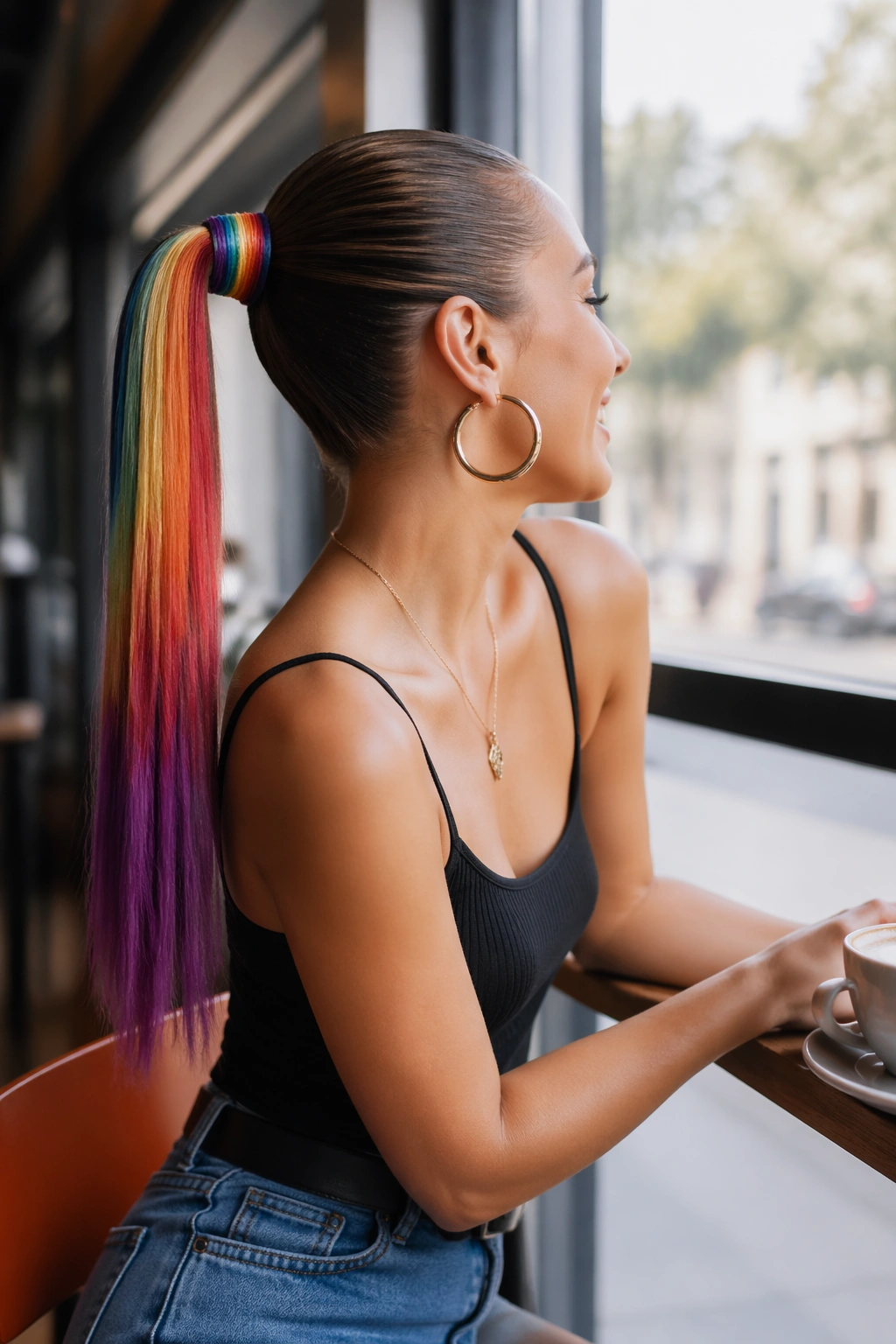 Rainbow-wrapped sleek pony at cafe window light