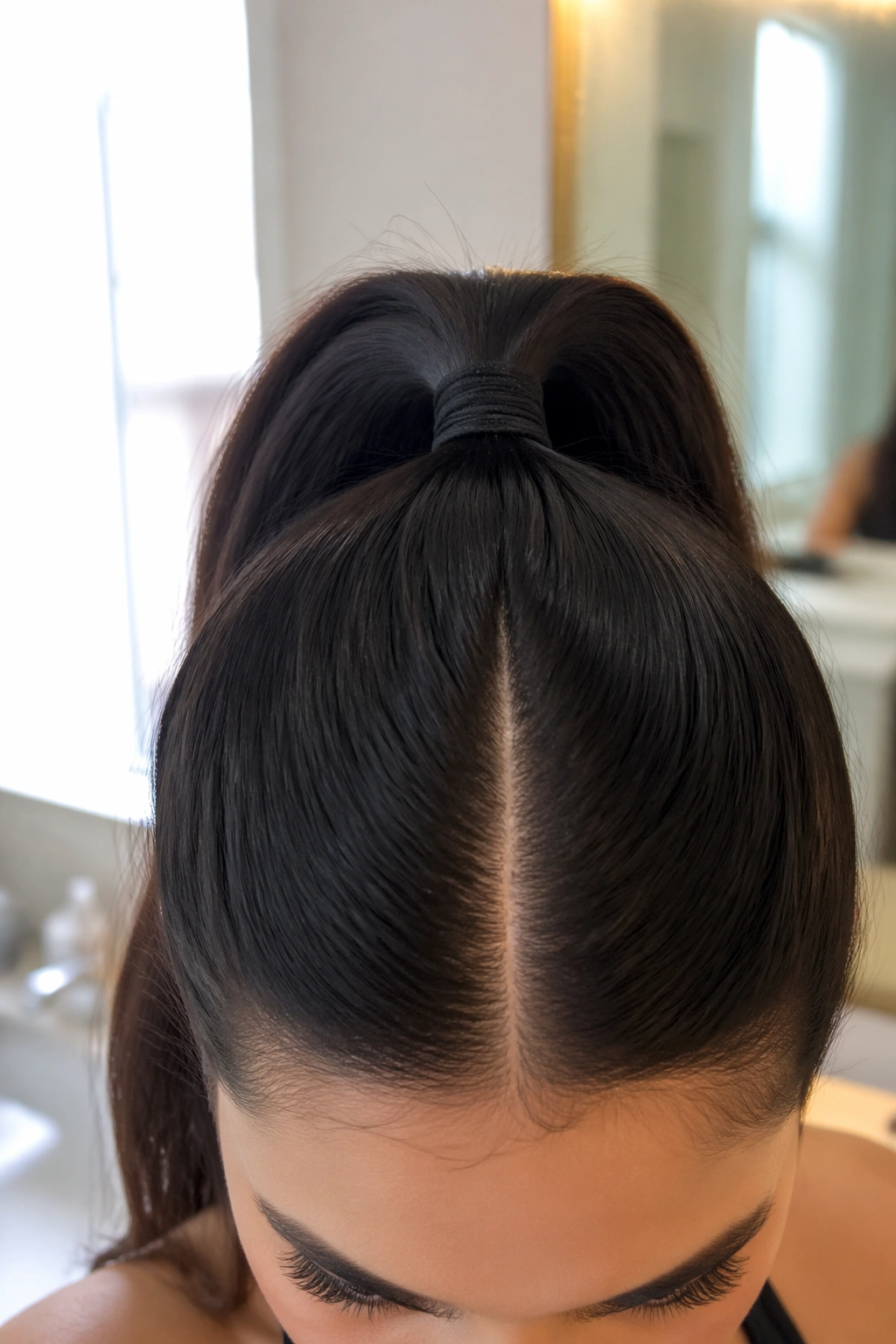 Close-up of Classic Indian High Ponytail with Center Part showing dense crown
