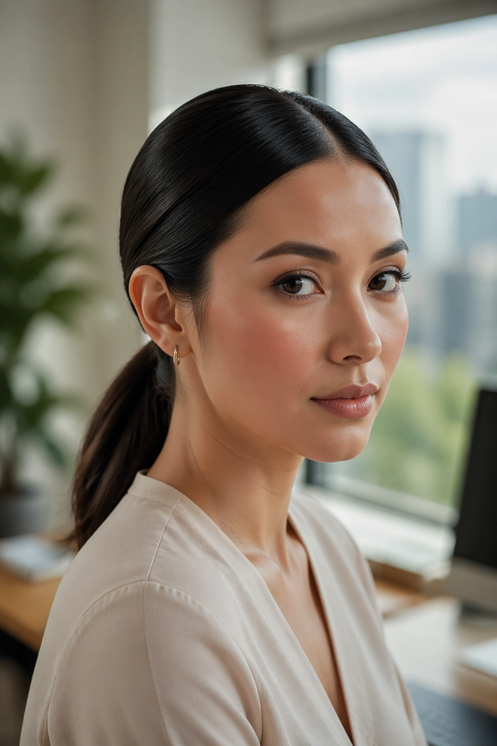 Close-up of a woman with a sleek low ponytail and center part in natural window light