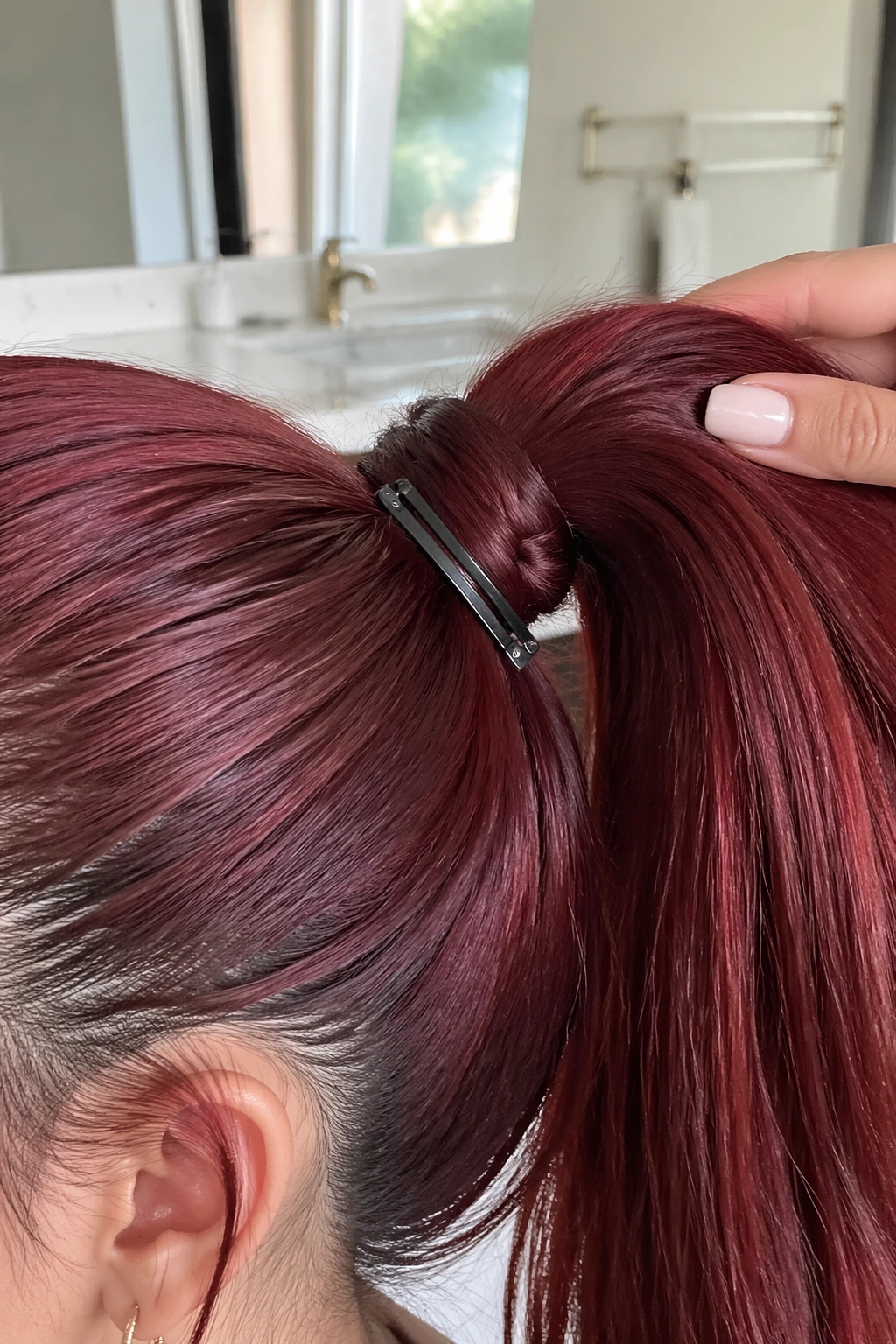 Close-up of wine red ponytail showing hidden clip under the base.