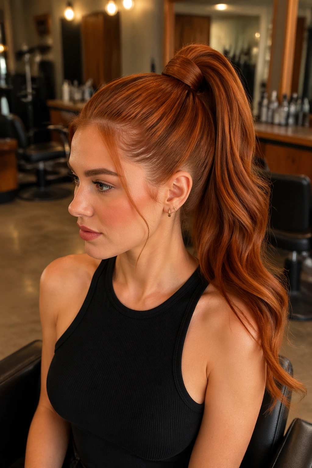 Copper-red wrapped high ponytail seen in a salon setting.