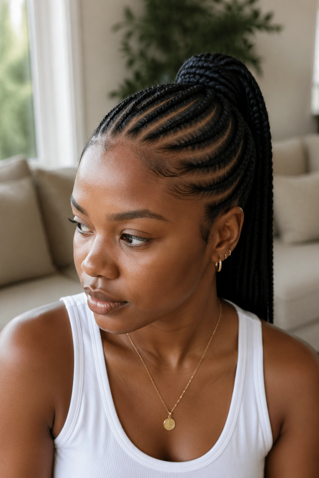 Cornrowed hair that ends in a built-in ponytail on a real person