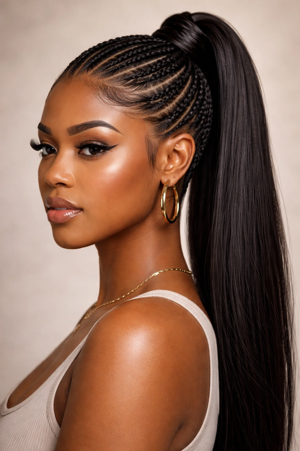 Close-up of a high ponytail with cornrows for a polished protective hairstyle