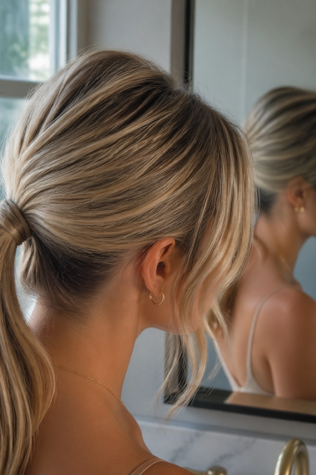 Close-up of crown volume lifting a low ponytail with curtain bangs in a vanity setting