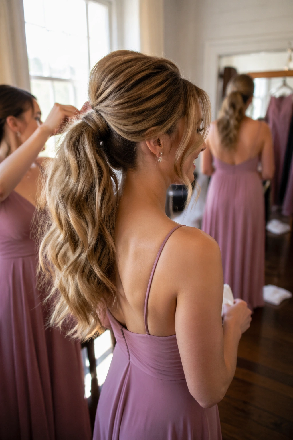 Wide shot of a bridesmaid with high textured ponytail