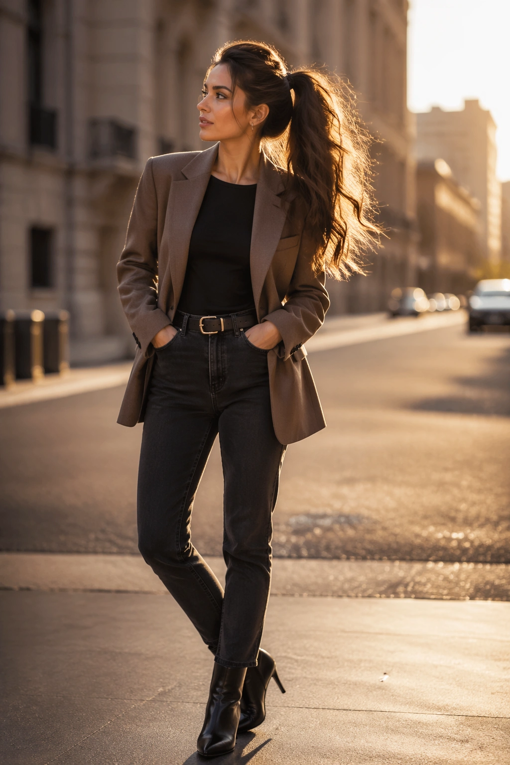 High wavy ponytail with crown lift in golden-hour urban setting.