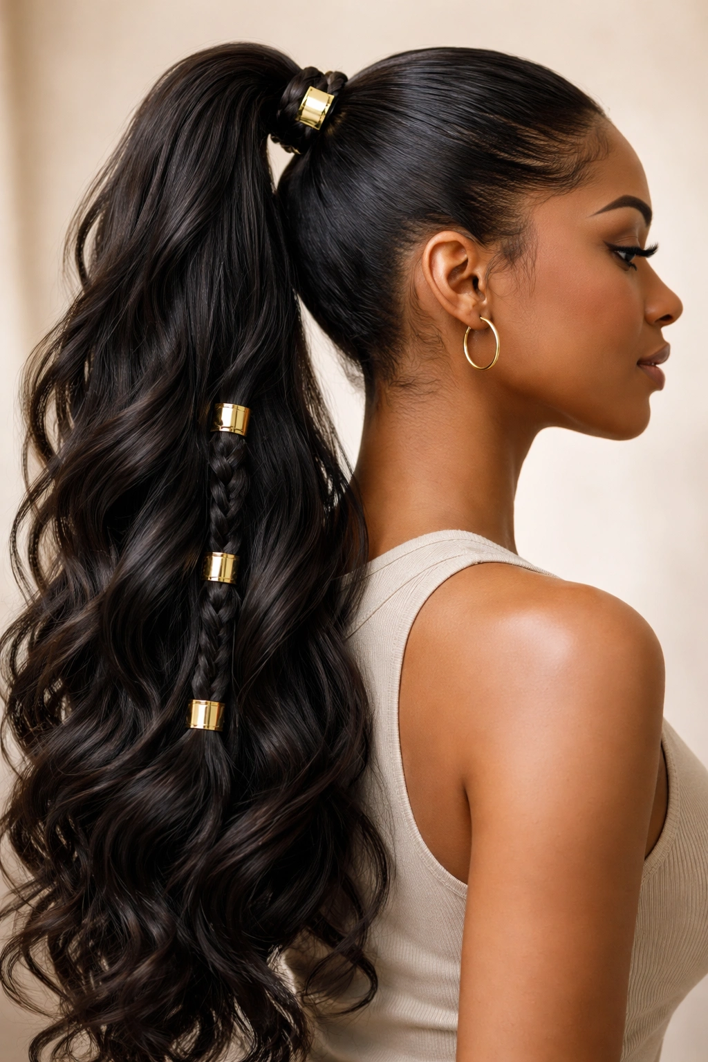 Close-up of a dark, glossy ponytail with three gold cuffs highlighting the wrapped base and mid-length.