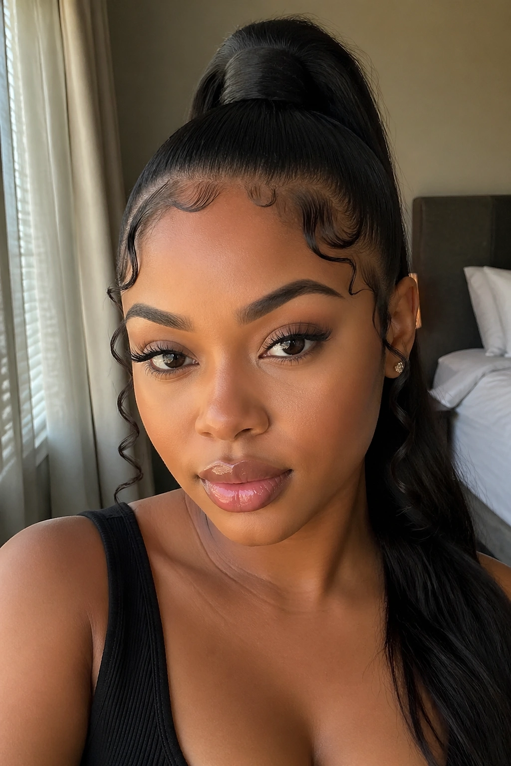 Close-up of a real woman with a sleek ponytail and curled baby hairs along the hairline