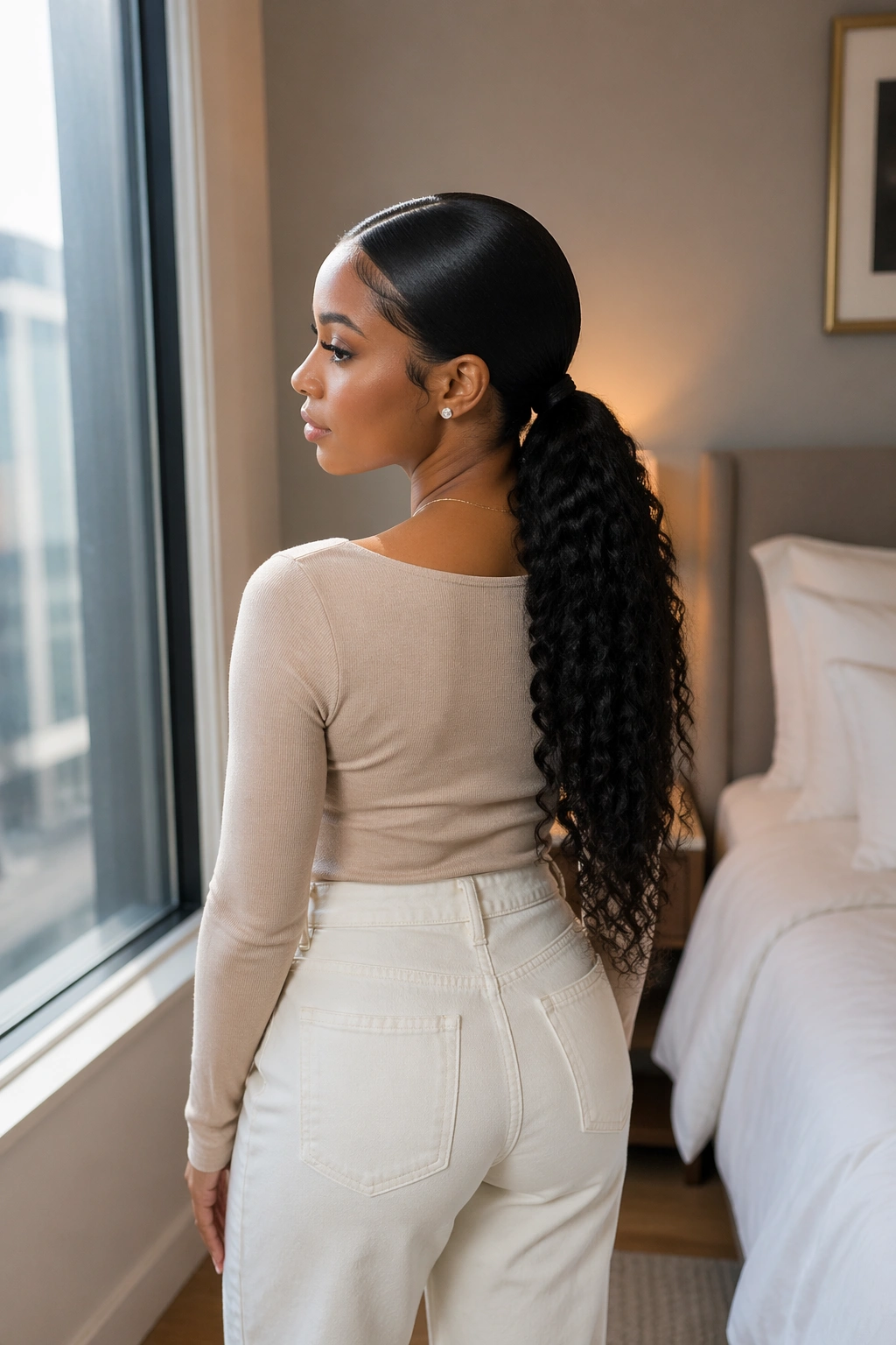 Low curly ponytail crown in sunlit bedroom