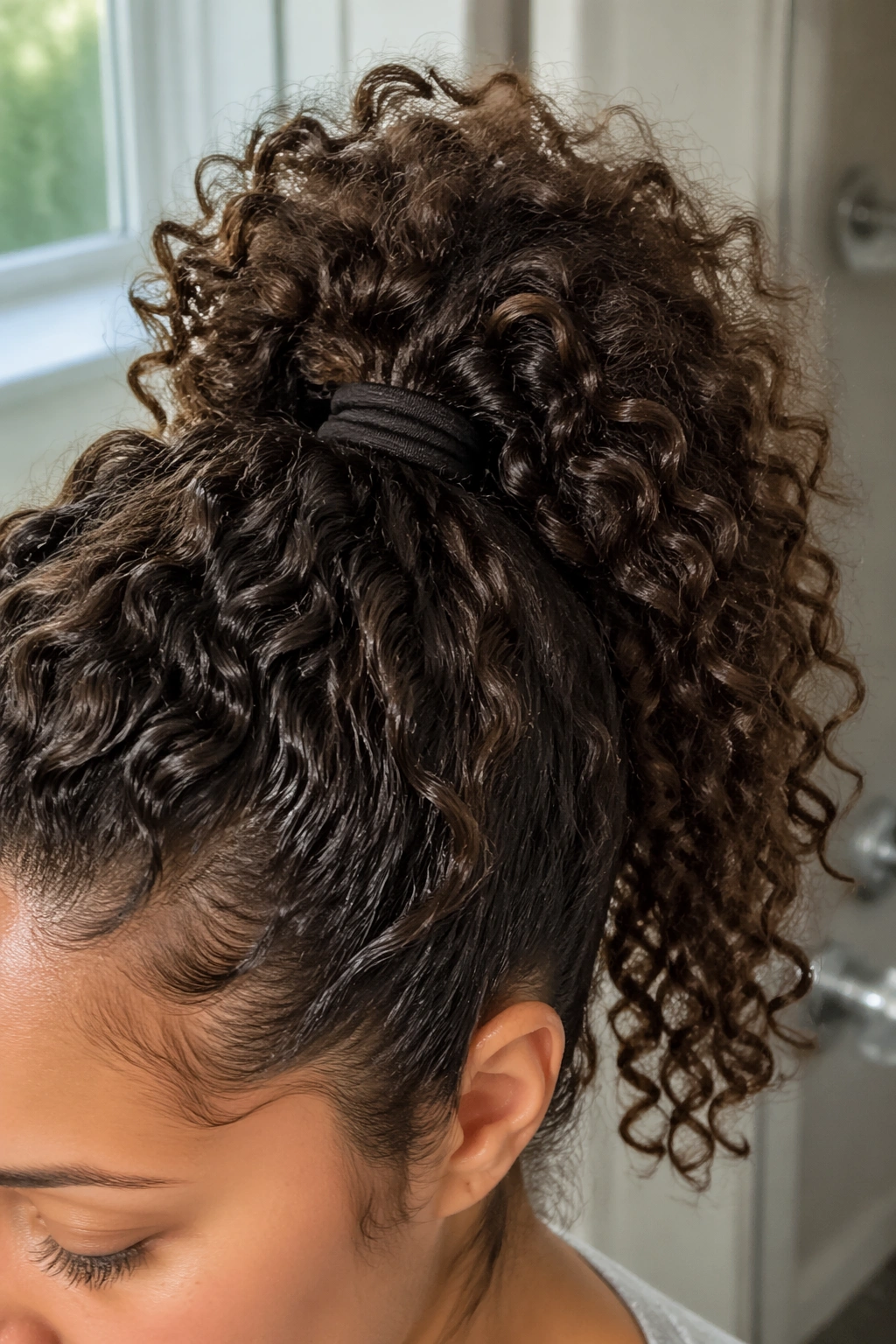 Close-up of a high crown ponytail lifting thick curls.