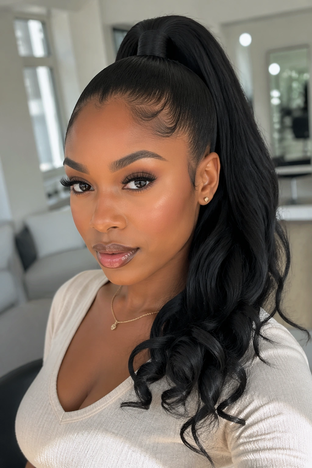 Close-up of a real woman with a ponytail ending in curls