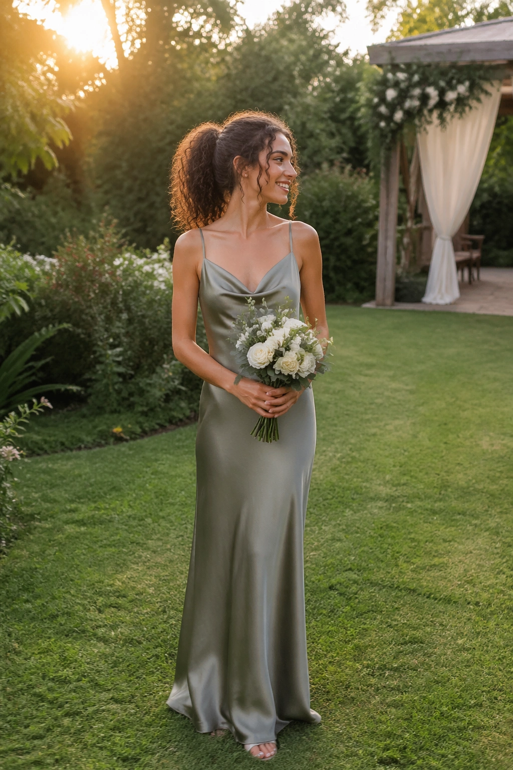 Hero shot of curly ponytail with loose tendrils in garden setting