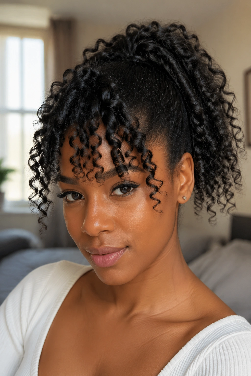 Close-up of a real woman with a high ponytail and curly bangs.