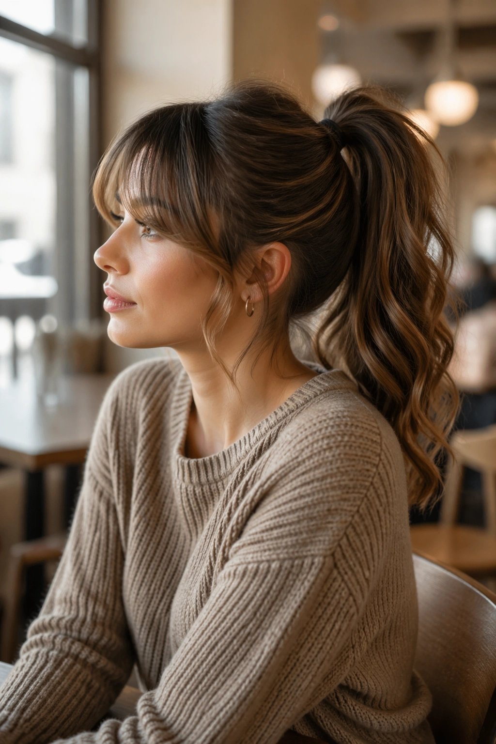 Side profile ponytail with loose tendrils and curtain bangs in cafe light.