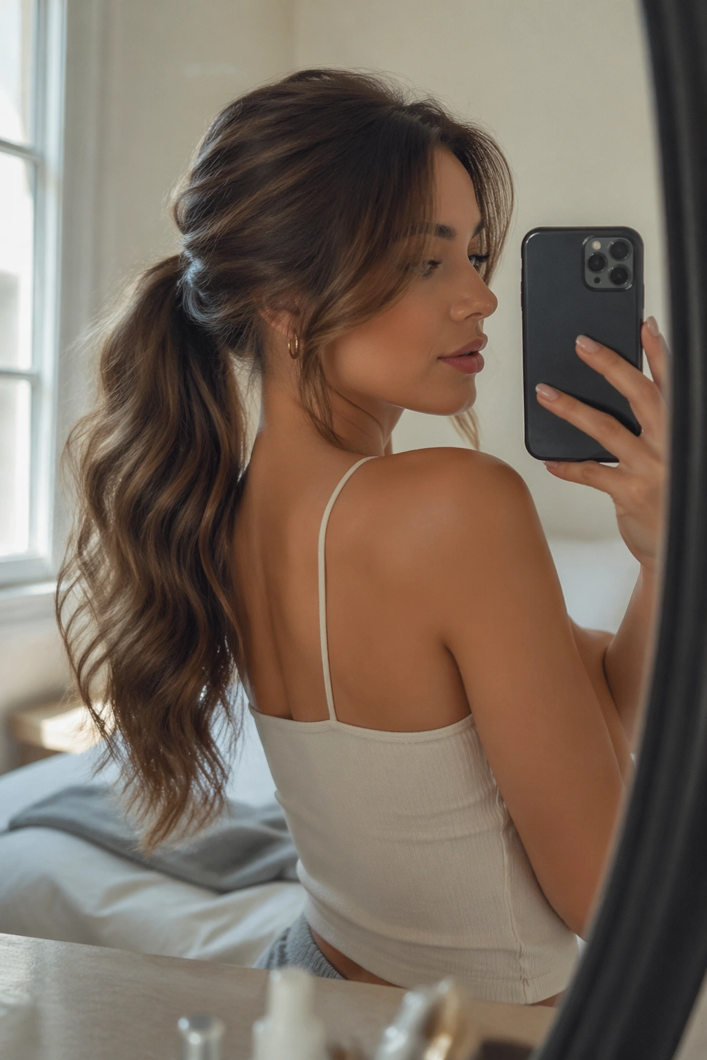 Mirror selfie showing curtain bangs and low ponytail.