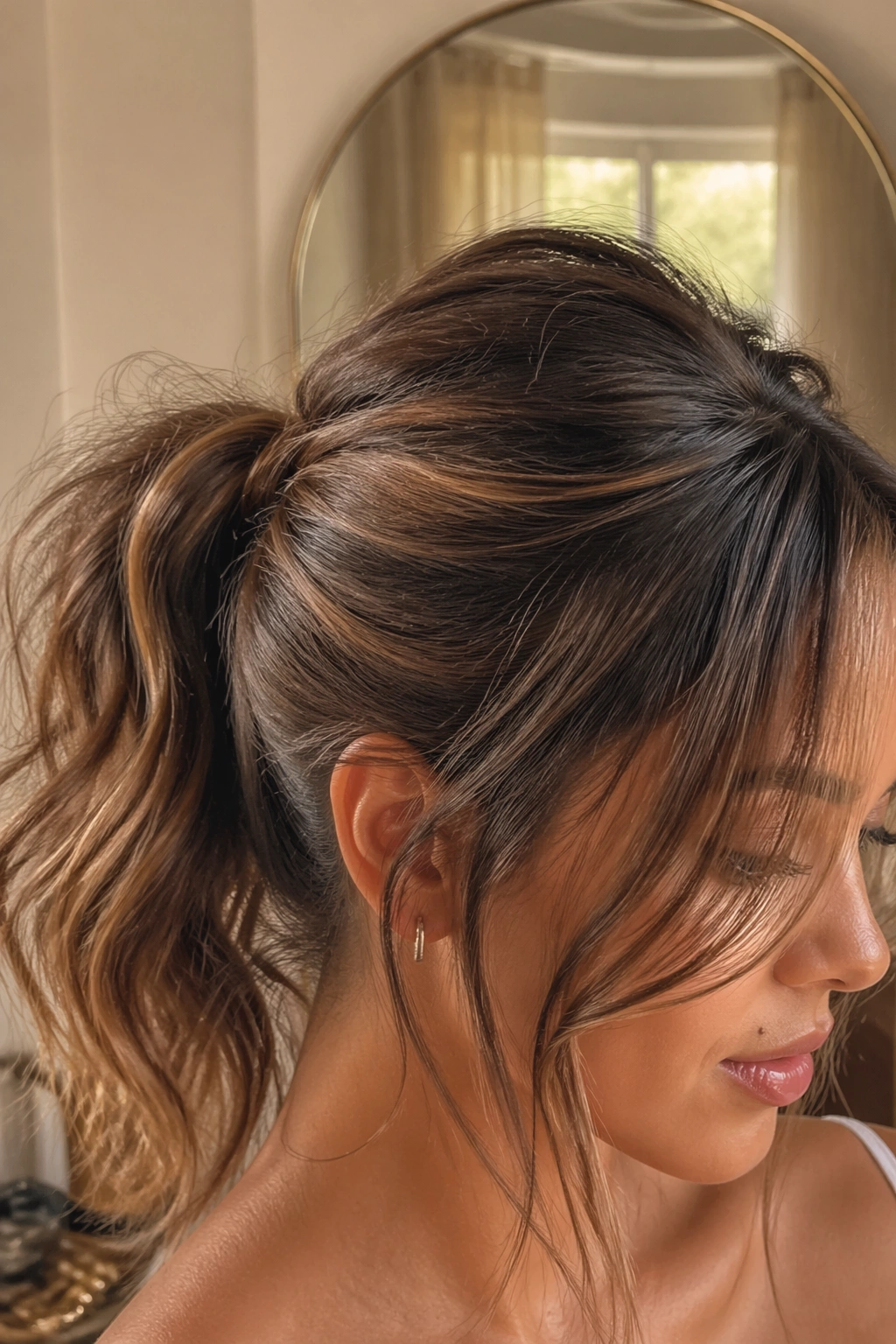 Close-up textured messy ponytail with curtain bangs in vanity light