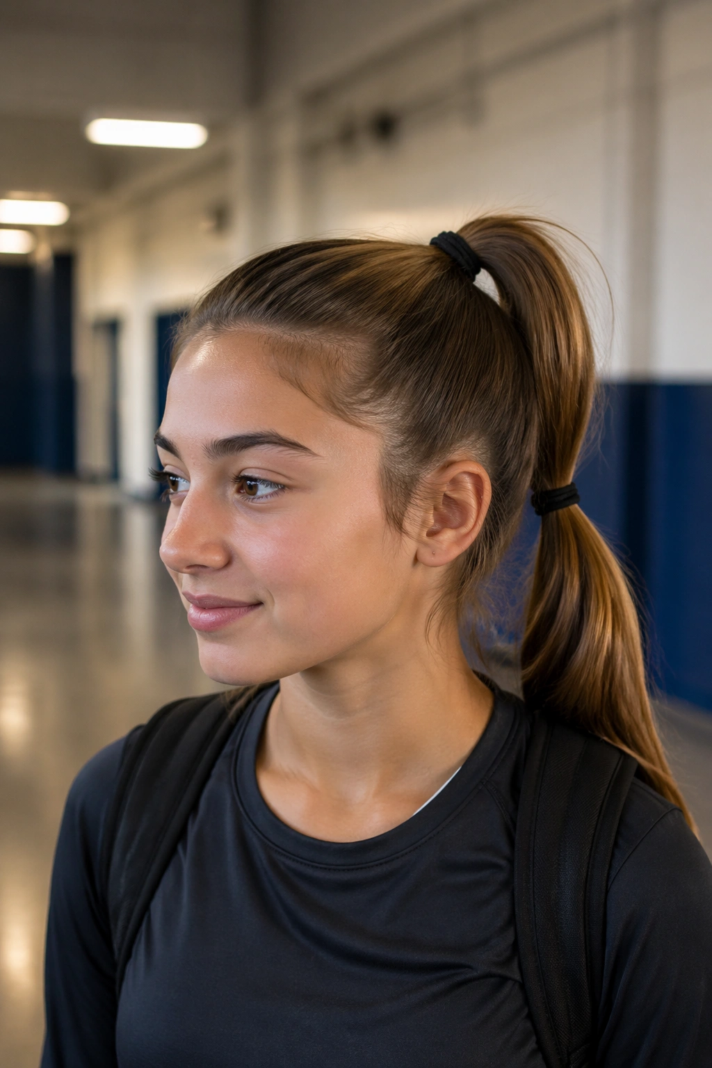 Medium close-up of real student with two-section ponytail in a school setting