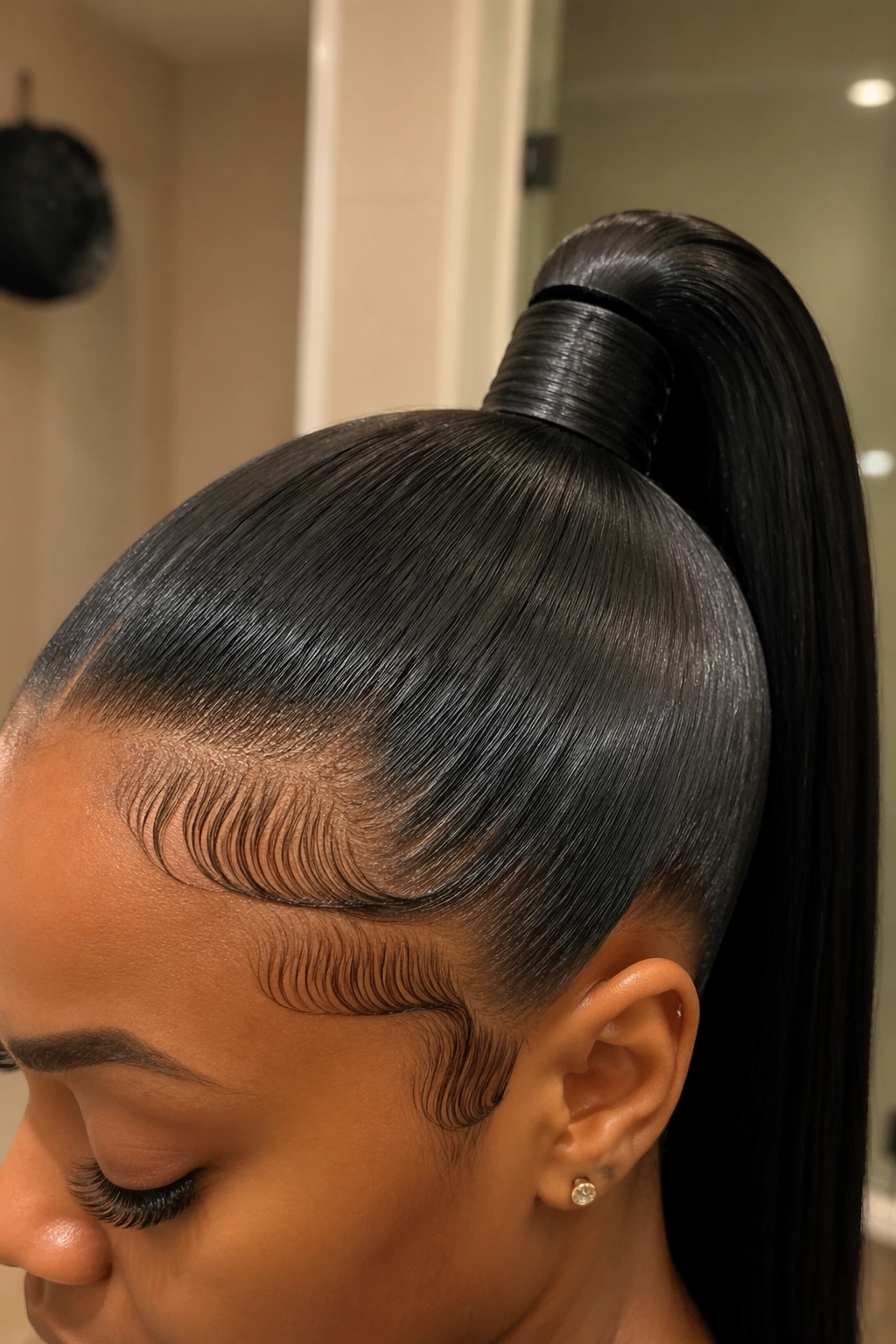 Close-up of sleek high ponytail with laid edges and satin wrap at base.