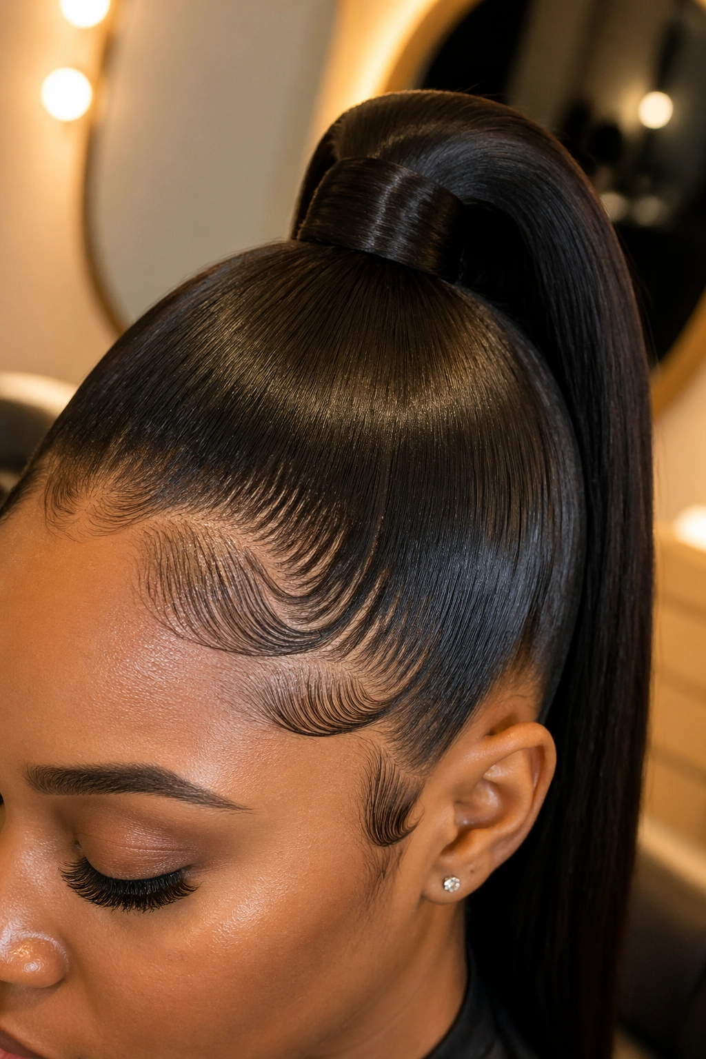 Close-up of Sculpted High Ponytail with Sleek Edges in a chic salon.