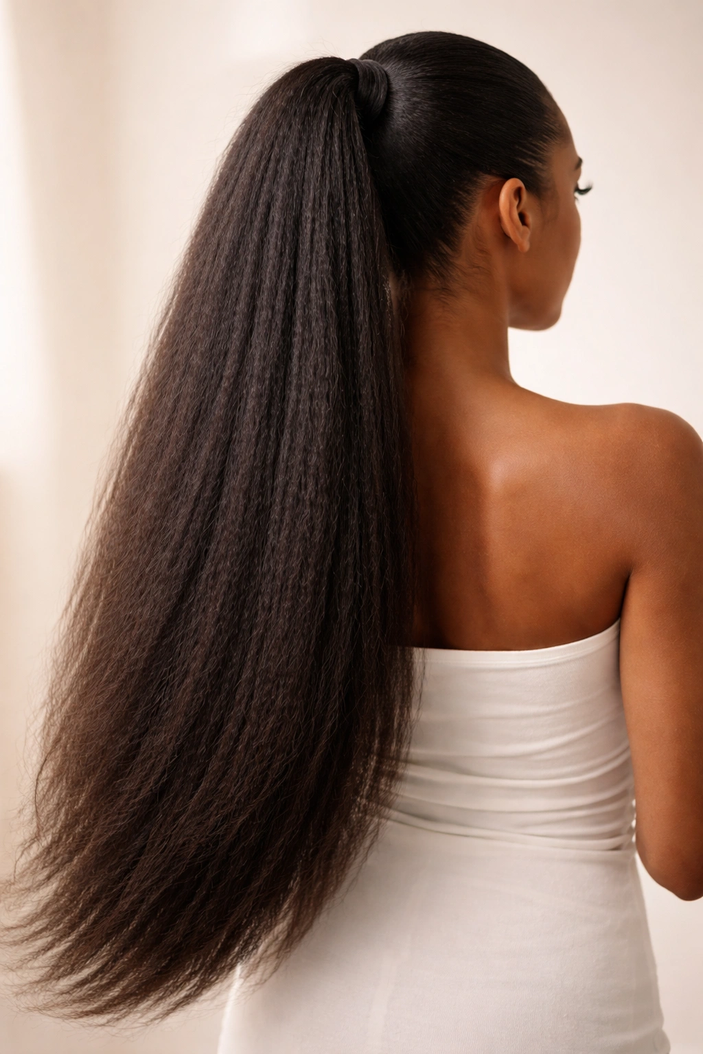 Close-up of a long, glossy kinky straight ponytail extension flowing down the back